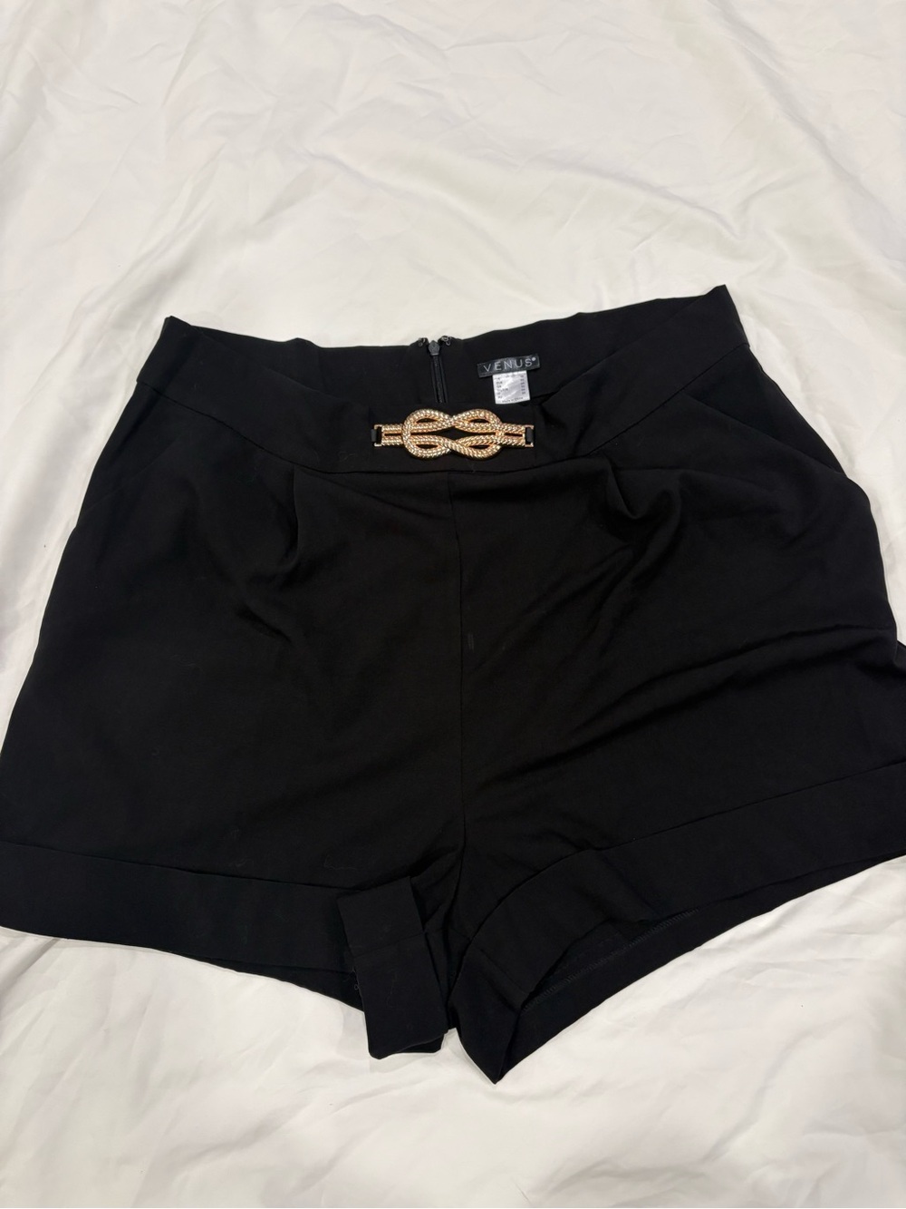 VENUS Black High-Waist Dress Shorts with Gold Accent